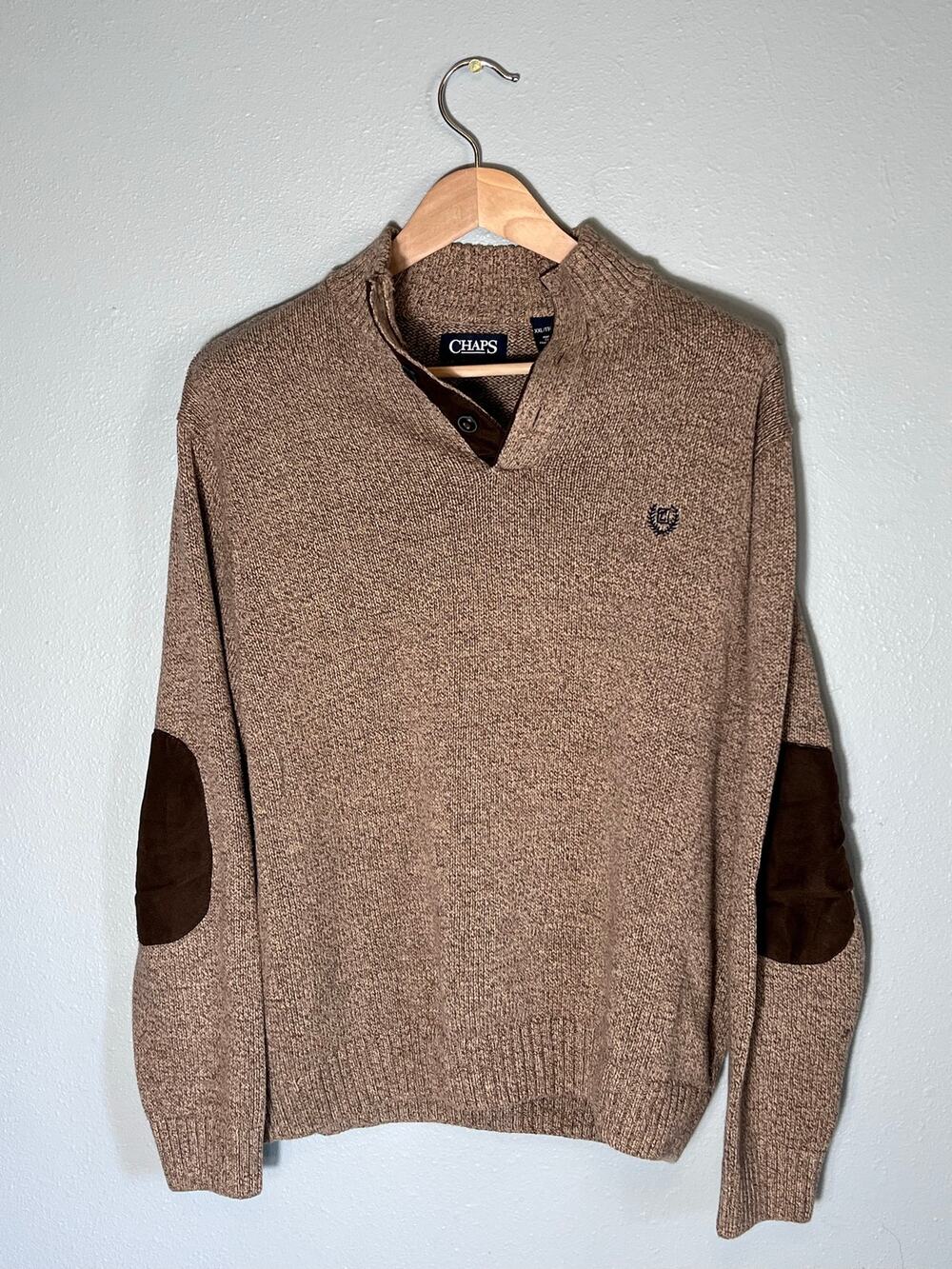 Chaps Elbow Patch Brown Button Mens XXL Grandpacore Sweater Henley Crew Neck